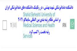 دانشکده دندانپزشکی شهید بهشتی ، در رنکینگ دانشکده های دندانپزشکی ایران بر اساس نظام رتبه بندی بین المللی سایماگو 2021  رتبه نخست را کسب کرد